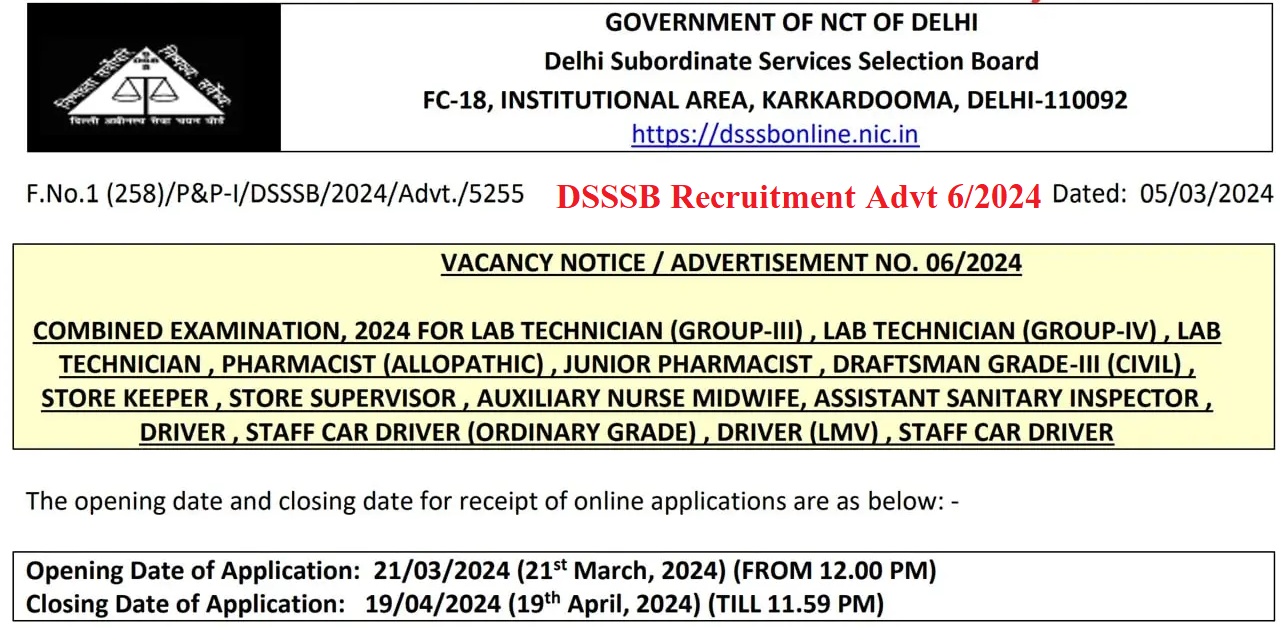 DSSSB Recruitment Advt 6 2024